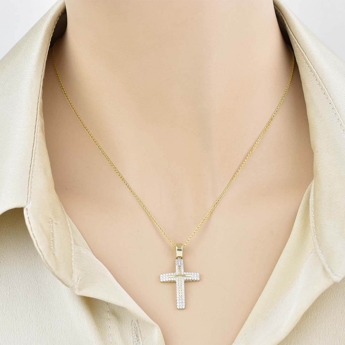 Χρυσός σταυρός Κ14 διπλής όψης